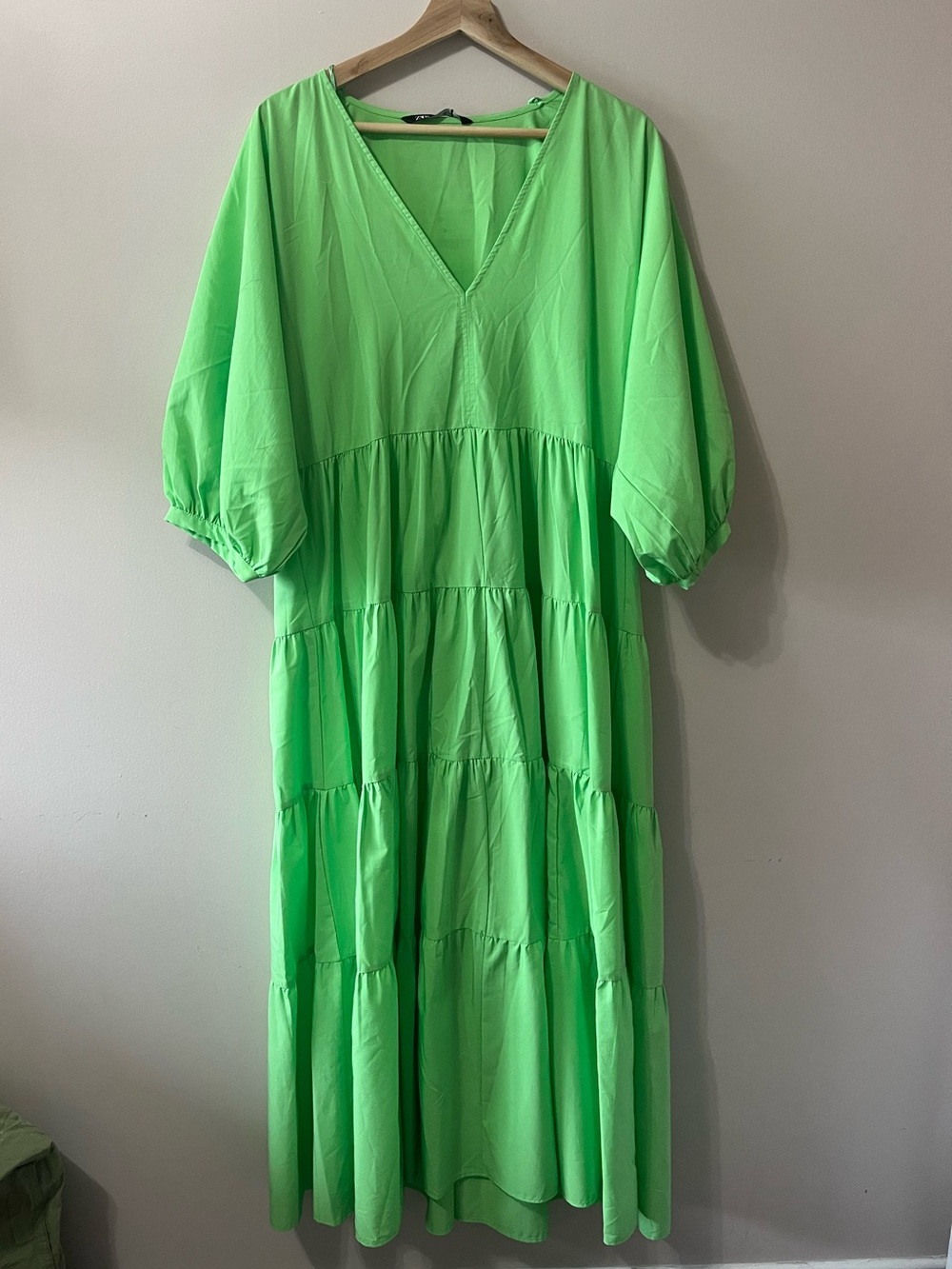 Zara Neon Green Tiered V-Neck Maxi Dress